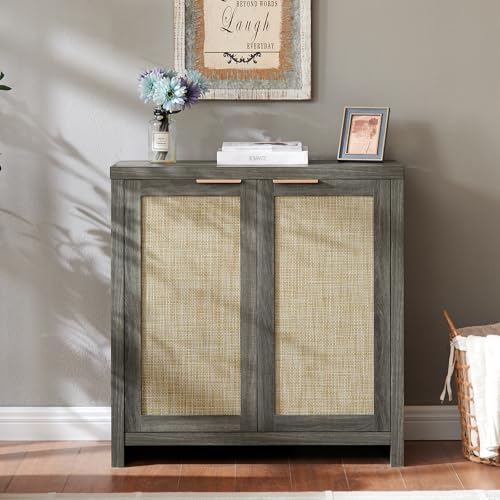 Image of OAKHAM HOME Hampstead Storage Sideboard Cabinet with Rattan Doors and Adjustable Shelves, Buffet Kitchen Cabinet Cupboard Console for Living Room, Set of 2