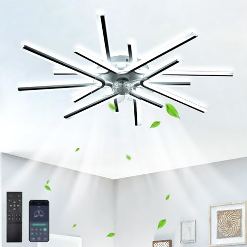 LASANYA LED Ventilador de Techo Con Luz Salon Temporizador, Lámpara Ventilador Techo Silencioso, Mega Plafon Led Ventiladores Dormitorio Motor DC Reversible,Memoria Regulable-Negro-90CM