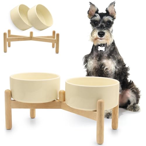 Ciotole Rialzate per Cani in Ceramica da 850 ml con Supporto in Legno, Set Doppio per Cibo e Acqua, Antiscivolo e Stabile, Ideale per Cani di Taglia Piccola e Media – Facili da Pulire
