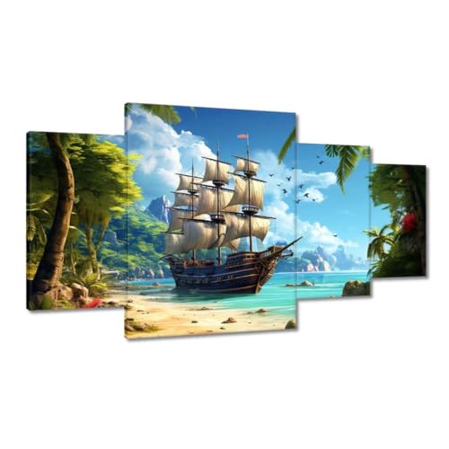 Tableau sur toile déco 160x90cm pour habiller un grand mur vide motif île et bateau H10388Z