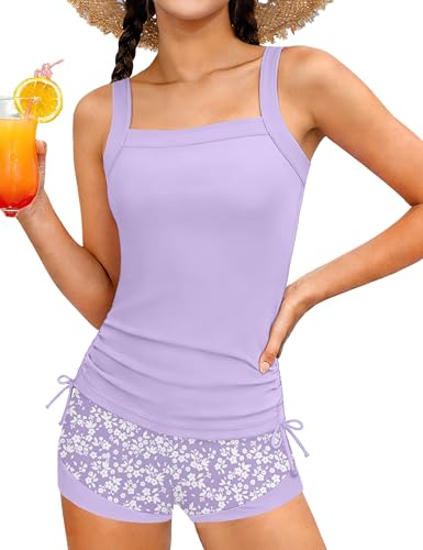 Image of Girls Swimsuit Two Piece Bathing Suit Ruffle Trim Swimsuits for Girls Tankini with Drawstring Shorts Swimwear 9-18Y