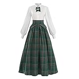 Nuoqi Victorian Dress Costume Women Christmas Plaid Dress White Edwardian Blouse with Plaid Skirt XL