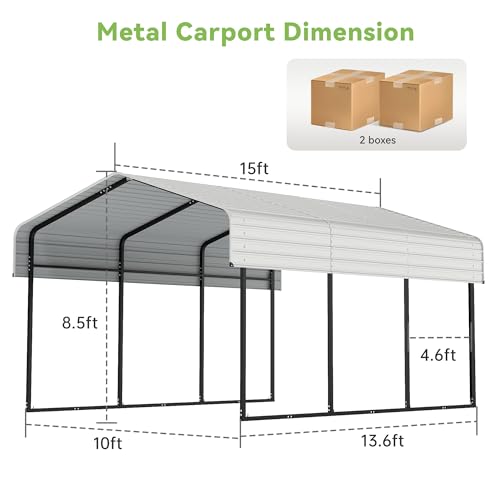Image of Real Relax 10x15FT Heavy Duty Metal Carport, Outdoor Carport Canopy with Galvanized Steel Roof and Reinforced Base for All-Weather, Garage Shelter Shade for Trucks, Boats, Party, Cream White