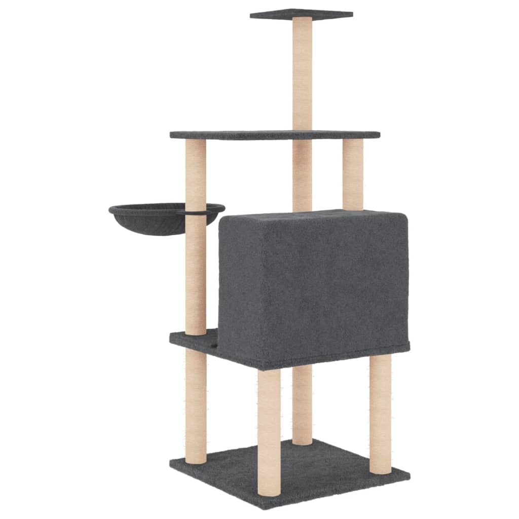 Rascador para gatos, 132 cm, color gris oscuro con troncos de sisal | Torre para gatos de varios pisos para el salón con cueva y cesta para el cuidado de las garras y la relajación.