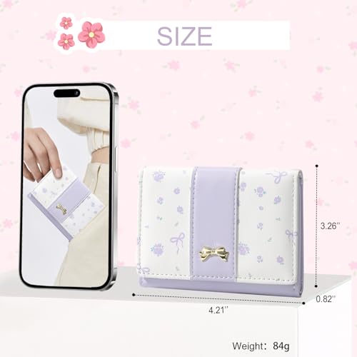 Small Wallet Floral Coquette Bow Wallet Cute Wallet ID 7 Credit Card Slots for Women Girls (PURPLE)3