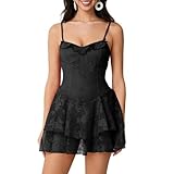 Kleidungly Women Y2K Spaghetti Strap Lace Bustier Mini Dress Sexy Sleeveless Ruched Split Bodycon Party Night Out Dress (#18-Black, M), Medium