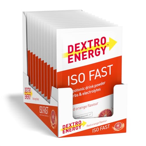 DEXTRO ENERGY ISO FAST RED ORANGE (12x56g Sachets) - Hypotones Elektrolyt Pulver mit Natrium, Magnesium, Kalium und Chlorid, schnelle Kohlenhydrat und Mineralstoff Versorgung, Glutenfrei, Laktosefrei