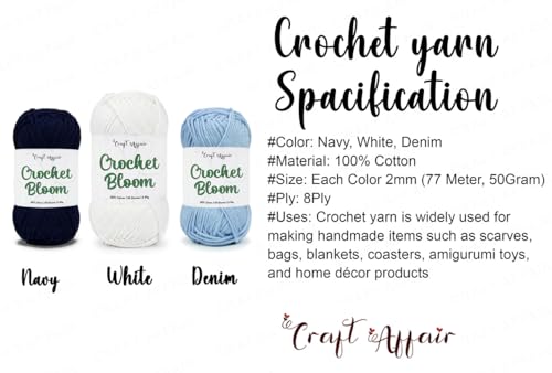 Image of Craft Affair | Crochet Bloom Cotton Yarn 8ply (Each Color 2mm, 77Meter, 50Gram) 100% Pure Cotton | for Knitting Yarn | Craft : Navy Blue, White Denim