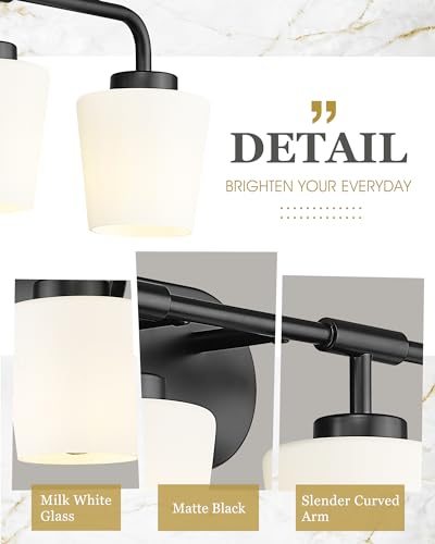 Image of 4-Light Black Bathroom Light Fixtures Over Mirror, White Glass | Vanity Lighting Fixtures with Milk White Glass, Vintage Farmhouse Wall Sconces Lighting, AD-22004-4W-BK