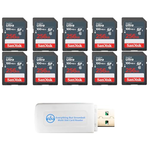 SanDisk Lot de 10 cartes mémoire Ultra 256 Go 100 Mo/s Classe 10 UHS-I SDXC (SDSDUNR-256G-GN3IN) avec 1 lecteur de carte mémoire Everything But Stromboli multi-emplacements