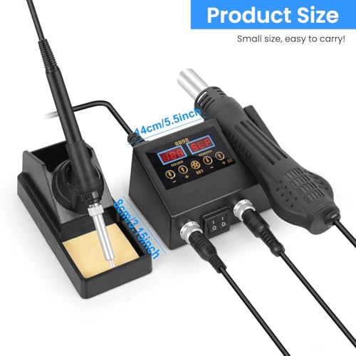 Image of Serplex 2-in-1 Soldering Station With LCD Display, 600W Hot Air Gun, Adjustable Temperature, Divided Switches, Fast-Heat, 3 Nozzles (5 /8 /10mm) & Holder, For SMD PCB Electronics Repair & Welding
