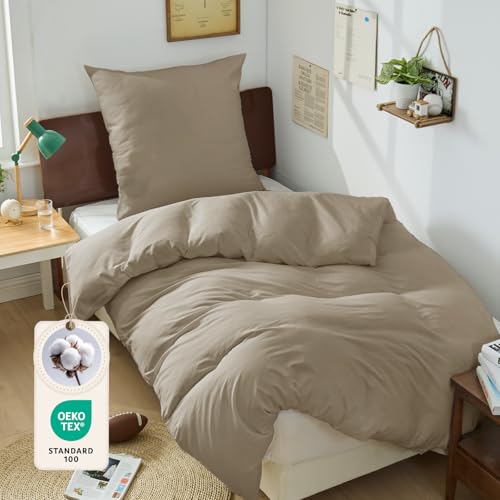 BEDELITE Bettwäsche 135x200 Baumwolle 2teilig - Bettwäsche-Sets Beige mit Reißverschluss Bettbezug 135x200cm mit Kissenbezug 80x80 cm Oeko-TEX Bedding weiche und kuschelige Bettwaren