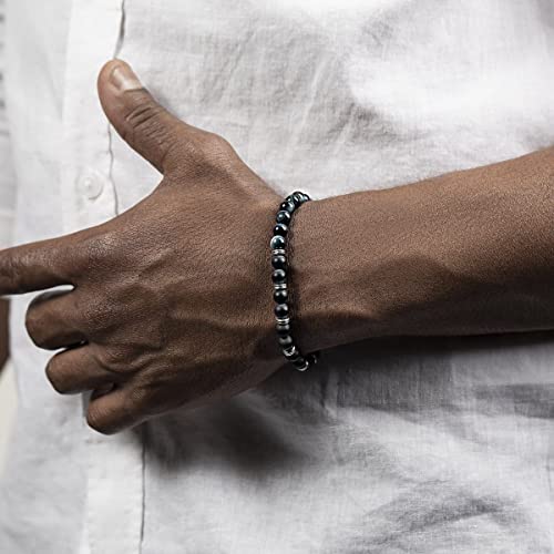 Karma And Luck - Balanced Perspective - Men's Real Matte Onyx Blue Tiger's Eye 925 Sterling Silver Beaded Stretch 7" Bracelet Handmade In Bali To Help You Release Your Fears #TOP1