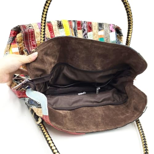Genuine Leather Women's Bag Grain Colorful Stripe Spell Single Shoulder Slant Tote4