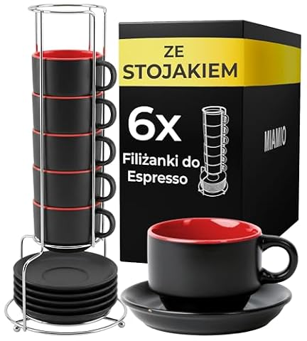 MIAMIO - 6 x 75 ml Zestaw kubków/filiżanek do espresso z kamionki, czarne zewnątrz, kolorowe wewnątrz - Kolekcja Le Papillon (Czerwony)