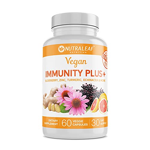NUTRALEAF Immunity Plus+ Vegan Plant-Based Immune Support with Elderberry, Echinacea, Vitamin C, Ginger, Zinc, Tumeric, Vitamin D â€“ Botanical Daily Immunity Booster Supplement (60 Capsules)