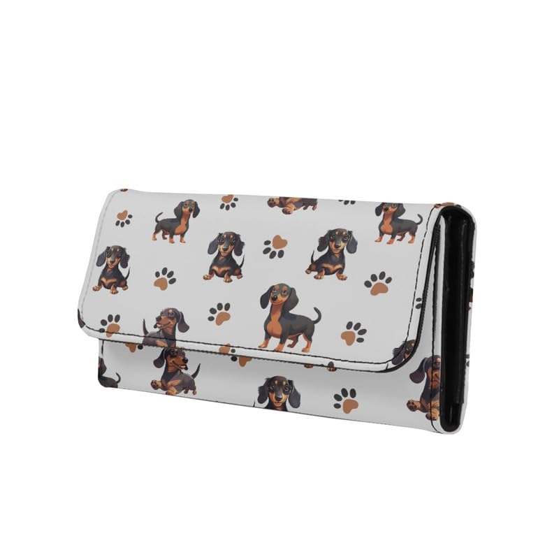 Hawaii Dachshund Dogs Womens Leather Wallets with Coin Pocket, Fun Puppy Paws Tri-fold Clutch with ID Card Transparent Slot, Grey Large Capacity Money Manager