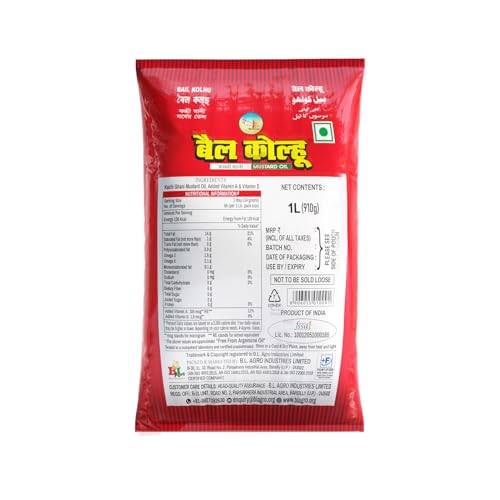 Image of Bail Kolhu Kachi Ghani Mustard Oil | Cold Pressed Sarso Tel (500ml, 1L, 2L, 5L) (1L Pouch)