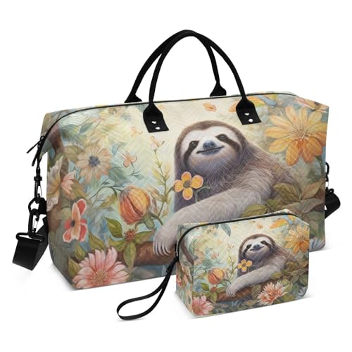 Large Travel Duffel Bag, Cute Sloth in Branch Floral Sports Tote Gym Bag, Shoulder Weekender Overnight Bag for Women Men, Carry On Luggage with Toiletry Bags
