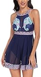 Ladies Flowy Animal Print Swimdress Two Piece Hollow Out Back Swim Suits for Large Busted Tummy Control Cutout Beach Wear Mesh Tie Back Beachwear Elephants XL