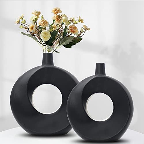 Black Ceramic Vases for Decor Set of 2,Pampas Grass Flowers,Round Matte Flower Donut Vase,Minimalist Modern Style Vase for Farmhouse, Living Room, Table, Bookshelf, Mantel and Entryway Décor