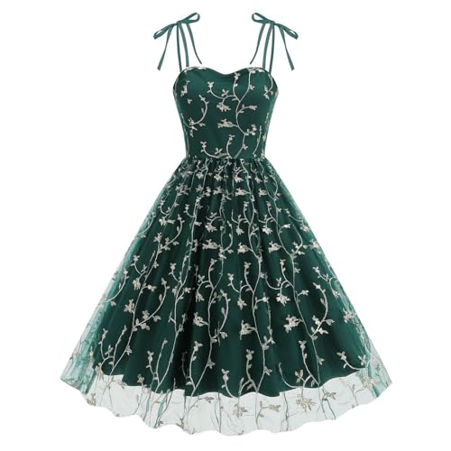 Image of Women's Elegant Dress Summer Straps Leaf Embroidery Mesh Swing A Line Cocktail Dresses, Green, XXL