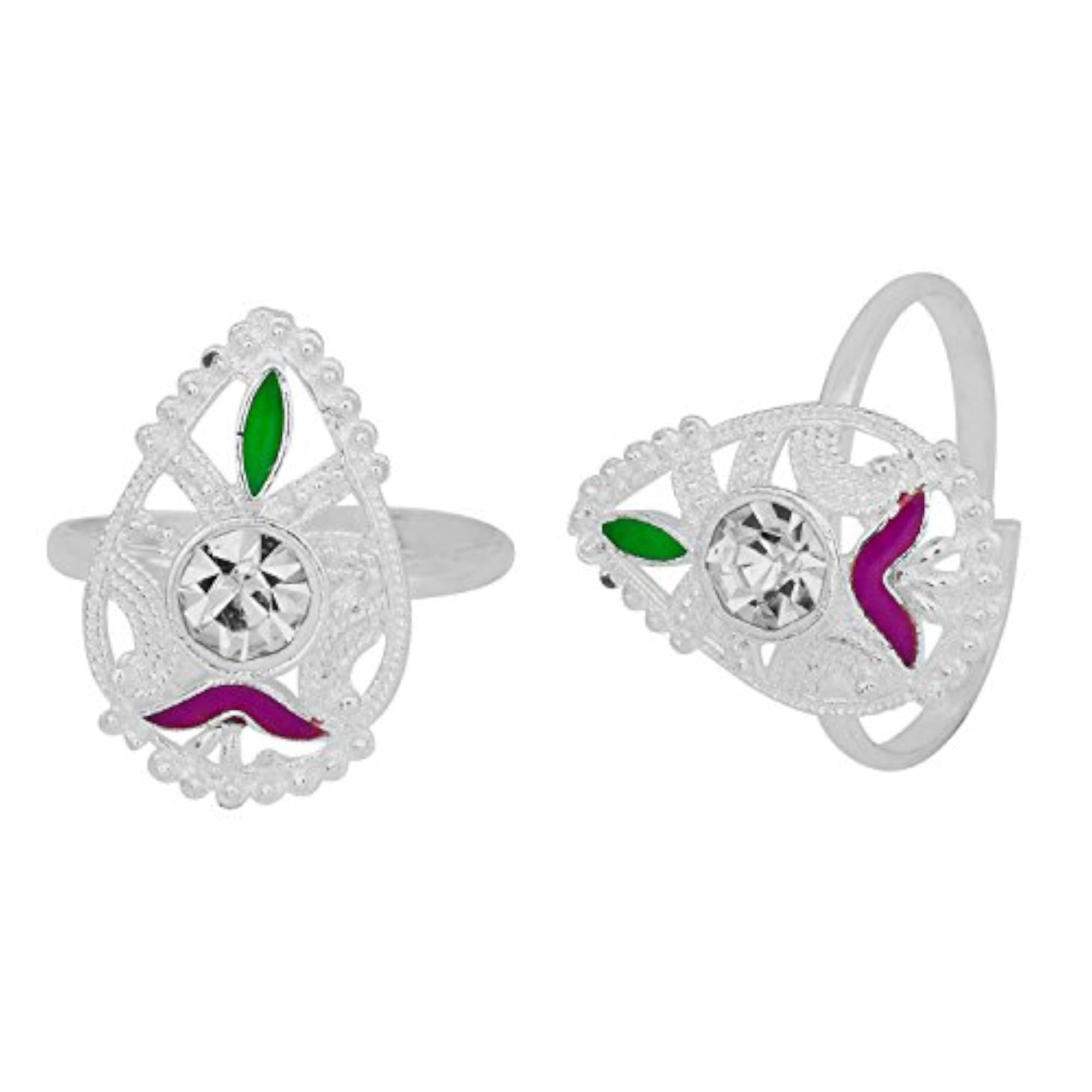 Women's Silver Plated White CZ Red & Green Meenakari Pear Shape Toering