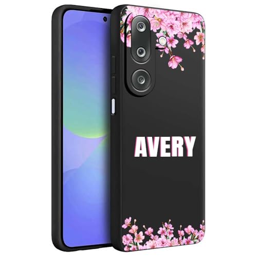 Image of Fashionury Back Cover Case for Samsung Galaxy M36 5G / Samsung Galaxy F36 5G | Matte Soft Silicon Flexible | Camera Bump Protection | Name with Pink Flowers Design | Get Your Name on Cover (Black)