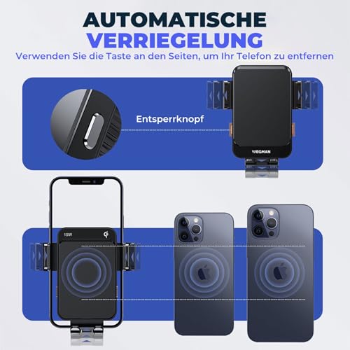 Wegman Handyhalterung Auto mit Ladefunktion 15W Qi, Smartphone Halterung Auto für Lüftung, Armaturenbrett & Windschutzscheibe (inkl Ladegerät & USB C Kabel) MagSafe Autohalterung, KFZ Handy Halterung – Bild 5