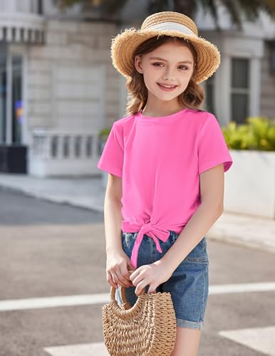 Image of Arshiner Girls Short Sleeve Shirts Tie Knot Front Tops T Shirts for Kids Crewneck Cute Casual Tie Dye Tee Blouse