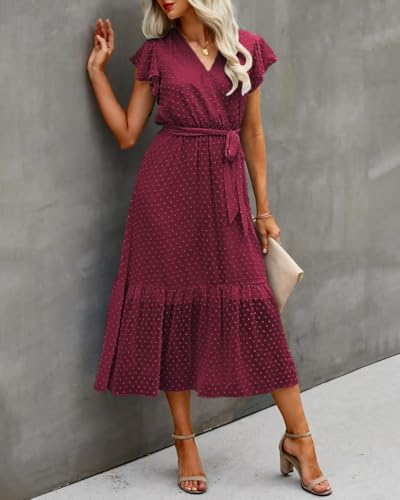 Image of BTFBM Women Summer Bohemian Floral Casual Wrap V Neck Ruffle Cap Sleeveless Belt A-Line Pleated Hem Midi Sun Dress White