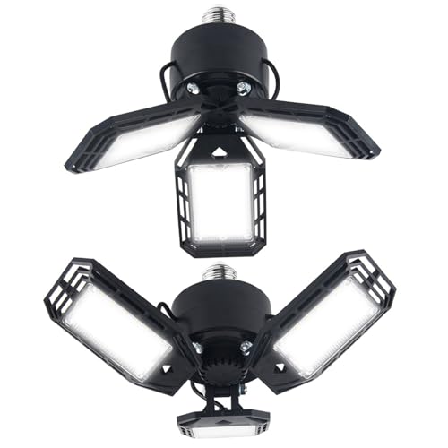 2Pcs Fan-Shaped 3 Panel 90° Adjustable LED Garage Ceiling Lights E26/E27 6500K Fast Heat Dissipation Multi-Purpose Light Fixture for Basement Workshop