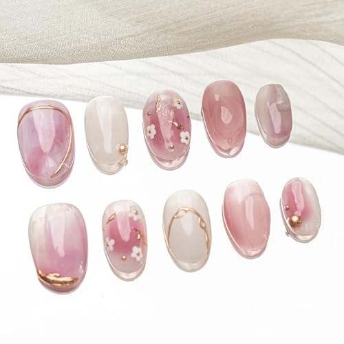 Sun&Beam Nails Handmade Press-on Short Squoval Round Pink Gold White Flower Minimalist Ombre Design Fashion False Nail Tips 10 Pcs Set (#172 S)