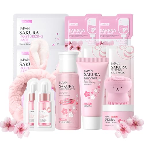 Sakura Skin Care Sets & Kits - JAPAN Sakura Skincare Set - Cleanser, Makeup Remover, Face Serum, Face Cream, Face Mask, Moisturizing Gift Set for Teenage Girls Women - Travel Kit for All Skin Types