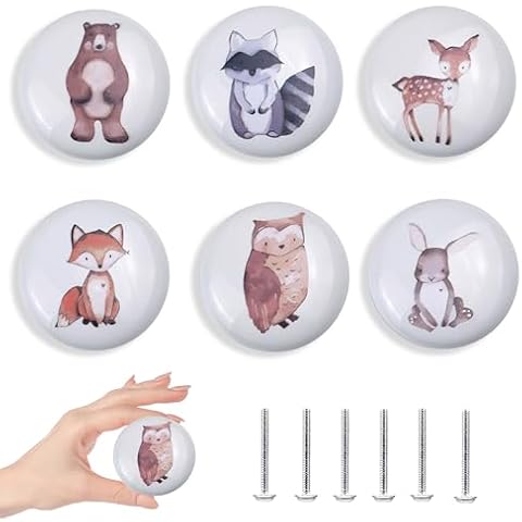 Lasyman 6pcs 1.5" 6 Pack Cute Nursery Kids Animals Ceramics Dresser Drawer Pulls Unique Decorative Cabinet Knobs Cover