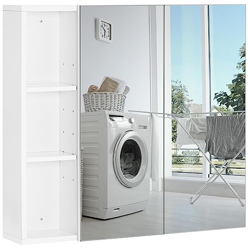 Yaheetech Spiegelschrank Badezimmerschrank Hängeschrank mit 2 Türen und 3 Höhenverstellbaren Ablagen Wandschrank für Badezimmer Waschraum Wohnzimmer, 70 × 65 × 15 cm