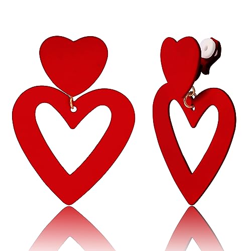 FIBO STEEL Clip on Pink Heart Earrings for Women Dangle Drop Earrings Dangling Double Heart Love Non Pierced Pink Jewlery