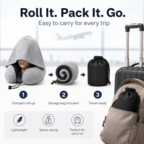 Image of Hooded Travel Pillow for Airplane, Memory Foam Neck Pillow for Long Flights, 360 Head Neck & Chin Support, Light Blocking Privacy Hood, Adjustable Drawstring, Compact Carry Bag for Plane Car Office