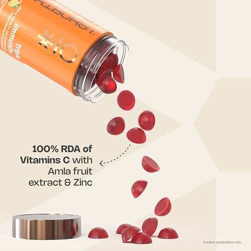 Nutriburst Triple Immunity Gummies with Vitamin C, Zinc and Amla extract | No-Added Sugar | Orange Flavor | 100% Vegetarian | 60 Gummy