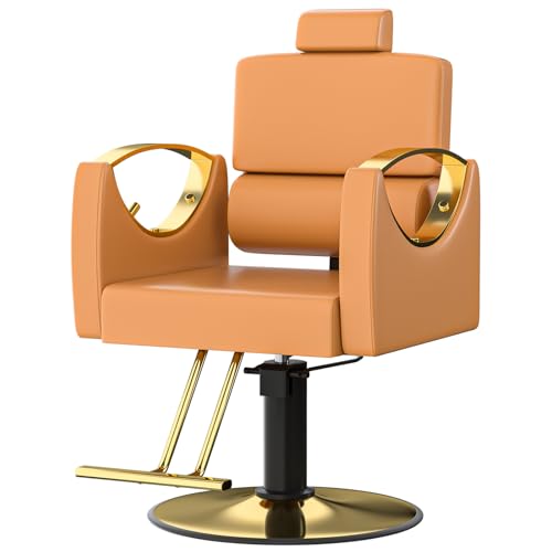 willbuy Barber Chair, 330 lbs Heavy-Duty Hydraulic Salon Chair with Lumbar Support, Reclining (95°-155°) and 360° Swivel, Styling Chair for Hair Stylist, Barbershop and Home (Orange Brown)