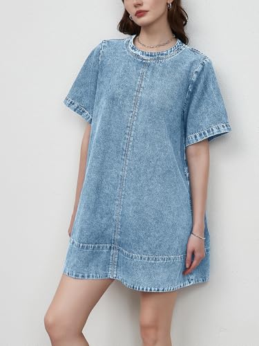 Image of LifeShe Denim Dress for Women Summer Casual Short Sleeve Chambray Mini Jean Dresses with Pockets