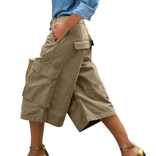 Bermuda Damen-Shorts, reine Farbe, elastischer Bund, knielang, elegant, große Größe, Sportshorts mit Taschen, Sommer, leicht, atmungsaktiv, schnelltrocknend, Outdoor, schick, Cargo-Shorts, kaki, l