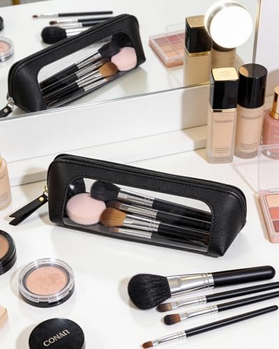 Image of LETGO Cute Clear Travel Makeup Brush Holder, Waterproof PU Leather Cosmetic Brush Pouch with Zipper,Portable Makeup Brush Organizer Case for Daily Use Travel (Chic Black)