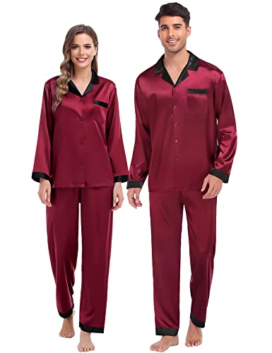 SWOMOG Couples Pajama Sets Men & Women Satin Long Sleeve Sleepwear Silky Classic Button Down Soft Loungewear Pjs Set Women Wine Red Medium