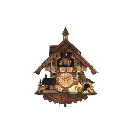 Engstler Quartz Cuckoo Clock Black Forest House with Moving Wood Chopper and Mill Wheel, with Music EN 483 QMT