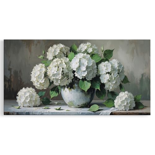 Mooni Panoramic Vintage Blooming White Hydrangea Floral Canvas Wall Art