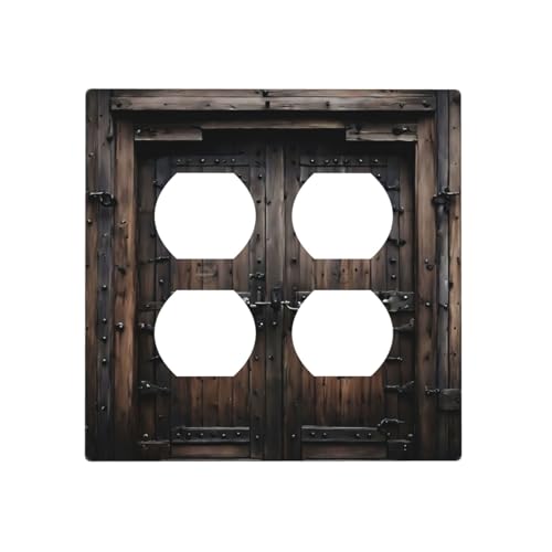 Decorative Outlet Covers Retro Brown Wood Barn Door Vintage Farmhouse 2 Gang Wall Plate Cover Double Duplex Receptacle Two Switch Light Switch Cover Plate Faceplate