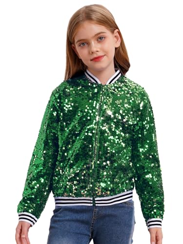 JEYPINMI Kids Girls Sparkly Sequin Baseball Jacket Long Sleeve Zip Up Bomber Jacket Hip Hop Dancing Party Tops