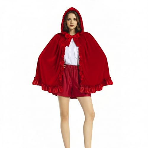 Disfraz de Navidad con capa roja con dobladillo de volantes de encaje, disfraz de cosplay con capucha, capa de terciopelo grueso, ropa festiva para fiestas