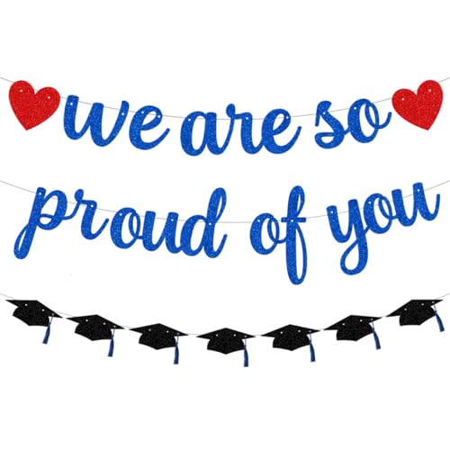 Image of Pre-Strung We Are So Proud of You Banner Garland for Veterans Day Congratulation Graduation Party, NO DIY Black and Blue Glittery Letter Hat Sign for School Classroom, Home Party